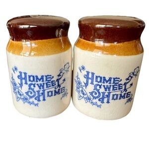 Vintage Emson Home Sweet Home Salt & Pepper Shakers. 1970s Brown Crock Stoneware